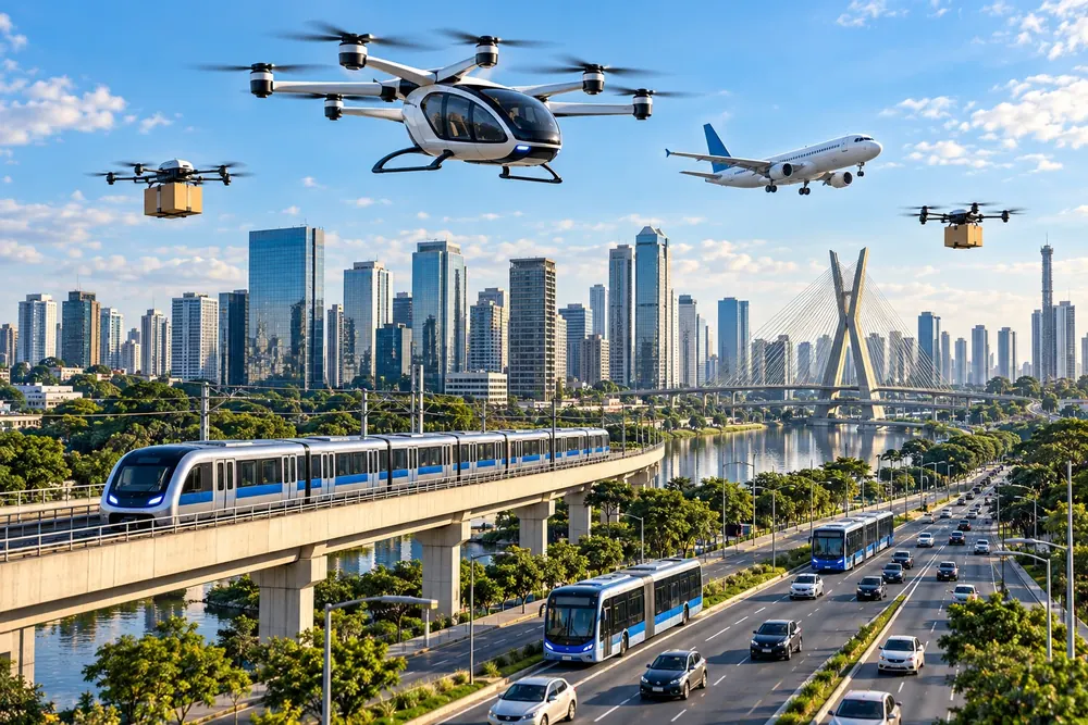 Avião civil, e-VTOL e drones de entrega com trem e vias urbanas