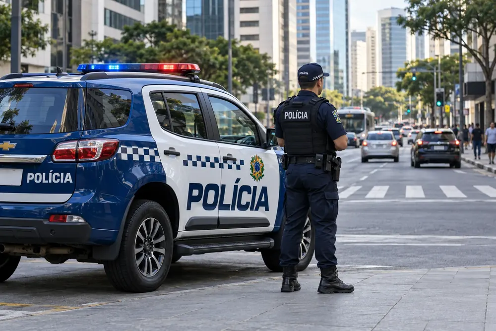 Policial e viatura em rua urbana com edifícios e sinalização